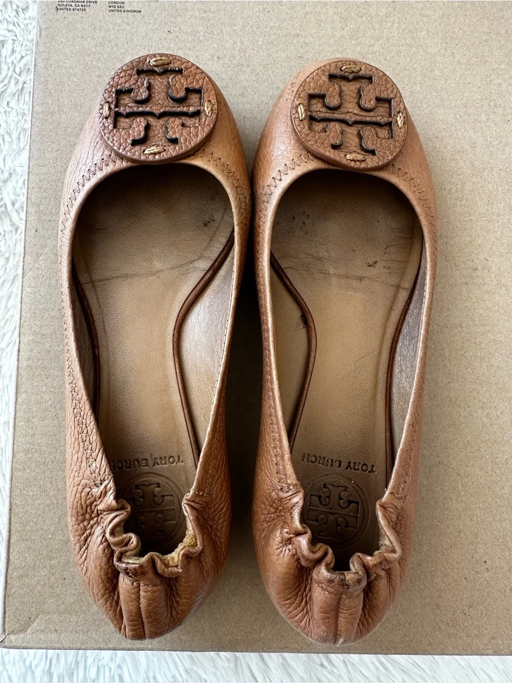 Tory Burch Minnie Travel Ballet Flats Tan Leather Logo Slip On Shoes Size 7